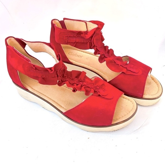 GABOR Olin Ruffled Suede Leather T-Strap Comfort Wedge Sandal Size us 10.5 / 11 - Picture 2 of 14